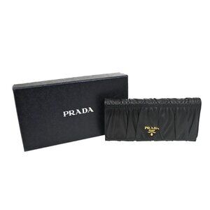 PRADA Gathered Long Bi-Fold Wallet Saffiano Leather Black Gold Italy 33RL682
